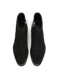 Black suede ankle boots with a smooth finish, featuring a side zipper, sleek design, and subtle stitching details.