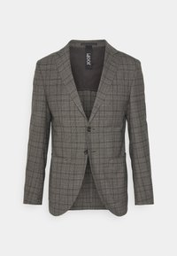 Grau karierter Blazer mit Reverskragen, Zwei-Knopf-Verschluss und Fronttaschen. Gefüttertes Innenfutter mit glatter Textur.