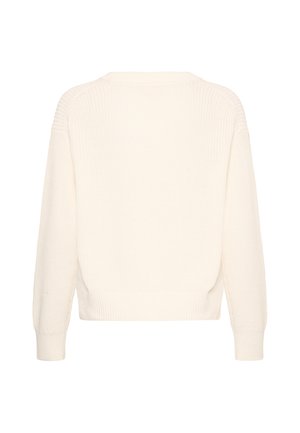 Pull en maille blanche à manches longues avec poignets, ourlet et encolure côtelés, vu de dos.