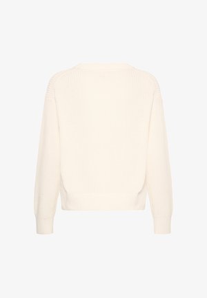 Pull en maille blanche à manches longues avec poignets, ourlet et encolure côtelés, vu de dos.