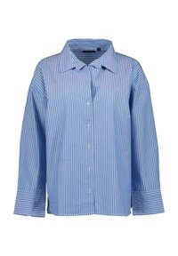 Camicia a righe blu con colletto classico, vestibilità ampia e maniche arrotolabili. Presenta righe verticali bianche su uno sfondo azzurro chiaro.