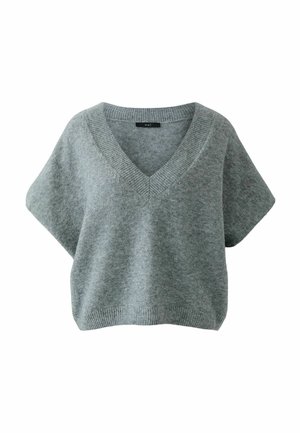 Gray short-sleeve knitted sweater with deep V-neck and ribbed trim on neckline, sleeves, and hem, labeled "oui" inside collar.