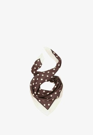 Brown polka dot scarf with a white border. Made of smooth fabric, featuring a diagonal shape and a classic polka dot pattern.