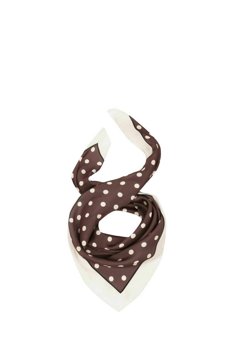 Brauner Pünktchen-Schal mit weißem Rand. Aus glattem Stoff gefertigt, mit diagonaler Form und klassischem Pünktchenmuster.