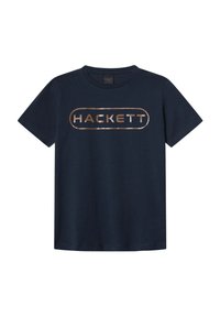 Námornícky modré tričko s krátkym rukávom a okrúhlym výstrihom so stredovým logom "HACKETT" v metalickej medi.