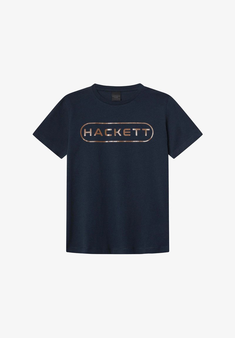 Námornícky modré tričko s krátkym rukávom a okrúhlym výstrihom so stredovým logom "HACKETT" v metalickej medi.