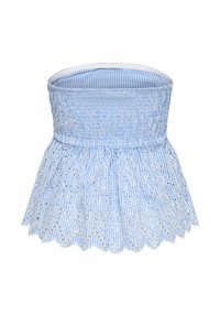 Haut sans bretelles rayé bleu et blanc avec corsage smocké et détails de dentelle à œillets le long de l'ourlet festonné.