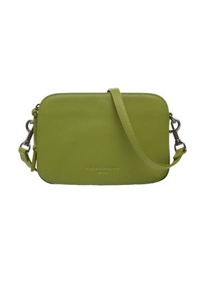 Mała prostokątna torebka na ramię w oliwkowej zieleni, wykonana ze skóry, z regulowanym paskiem i srebrnymi zapięciami, z wytłoczonym logo "Liebeskind Berlin".