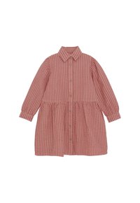 Langärmliges rosa Kleid mit vertikalen Streifen, durchgehender Knopfleiste, taillierten Bündchen und einem gerafften Taillendetail.