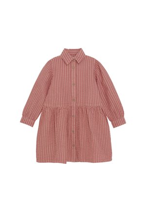 Langärmliges rosa Kleid mit vertikalen Streifen, durchgehender Knopfleiste, taillierten Bündchen und einem gerafften Taillendetail.