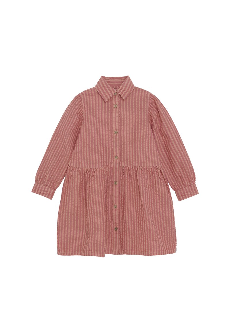 Langärmliges rosa Kleid mit vertikalen Streifen, durchgehender Knopfleiste, taillierten Bündchen und einem gerafften Taillendetail.