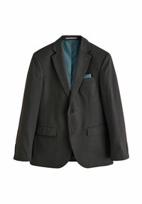 Blazer noir foncé avec un revers cranté, fermeture à un bouton, deux poches avant et une doublure à motif turquoise. Inclut un pochon assorti.