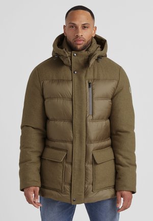 Olive green puffer jacket with a textured wool upper, zippered chest pocket, snap closures, and two front flap pockets. Attached hood.