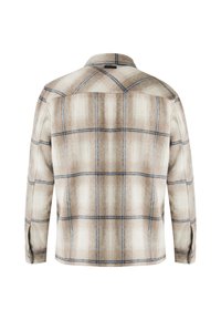 Beige flannel shirt with a plaid pattern in brown and blue. Features a collar, long sleeves, and buttoned cuffs. Back view shown.