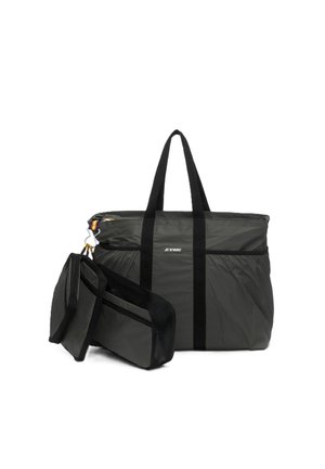 Sac fourre-tout gris foncé avec poignées noires et deux pochettes zippées attachées, arborant le logo K-Way sur le devant.
