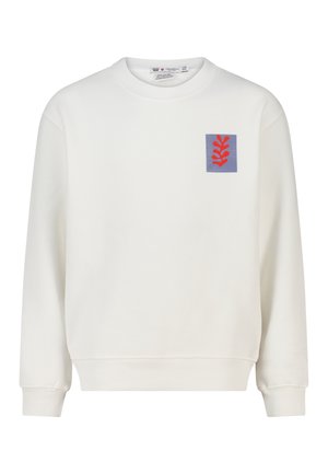 Witte sweatshirts met lange mouwen en een ronde hals, met een klein paars vierkant plaatje met een rood abstract plantenontwerp op de linkerborst.
