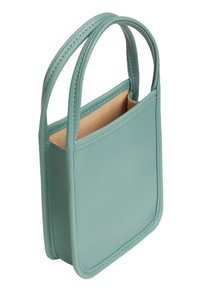 Piccola borsa a tracolla in pelle teal con due manici, forma rettangolare, superficie texturizzata e interno beige. Nessun hardware o motivo visibile.