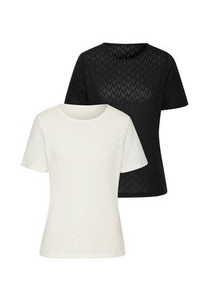 Zwei kurzärmelige, strukturierte Strickshirts, eines schwarz und eines weiß, beide mit rundem Ausschnitt, auf weißem Hintergrund dargestellt.