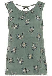 Vihreä ilman hihoja oleva paita, jossa on pieniä valkoisia ja tummia kukkakuvioita, pyöreä pääntie ja solmittava sulku takana.