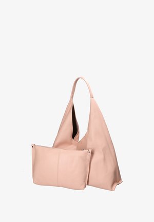 Grande borsa a tracolla in pelle rosa con un design morbido. Presenta una piccola pochette con cerniera attaccata davanti per ulteriore spazio di archiviazione.