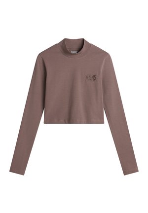 Camicia marrone a maniche lunghe, corta e realizzata in un tessuto morbido. Presenta un colletto alto e il logo ricamato "VANS" sul lato sinistro del petto.