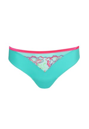Turquoise thong with pink trim, featuring lace floral design at the back. Smooth texture, V-shaped front, and mid-rise waistband.