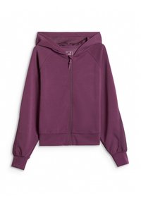Sweat à capuche violet zippé, manches longues, poches avant et poignets élastiques, présenté à plat sur un fond blanc.