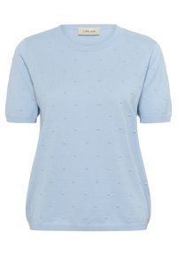 Helles blaues Baumwollmischung Kurzarm-Pullover mit strukturiertem Muster und kleinen Punkten sowie einem Rundhalsausschnitt. Dezente Seitenschlitze am Saum.