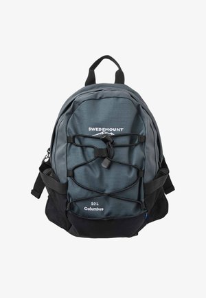 Kompakt grå og sort 10L rygsæk med elastiske snore foran, netlommer i siden, topstrop og "Swedemount"-branding.