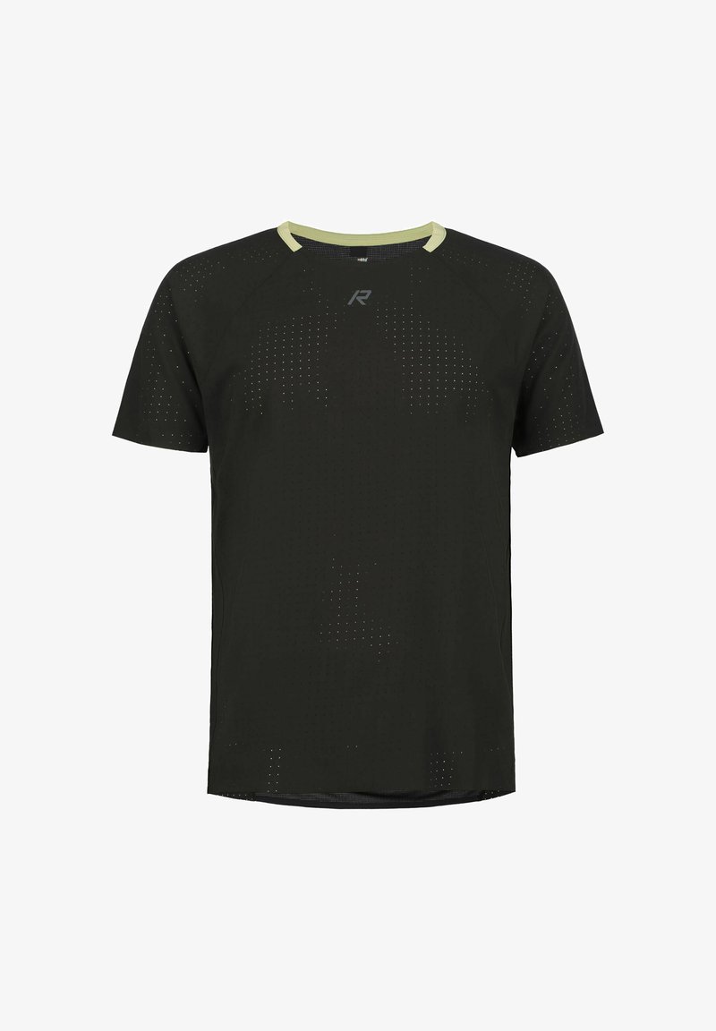Černé atletické tričko s světle zeleným výstřihem, vybavené perforovaným designem pro ventilaci a jemným logem na hrudi.