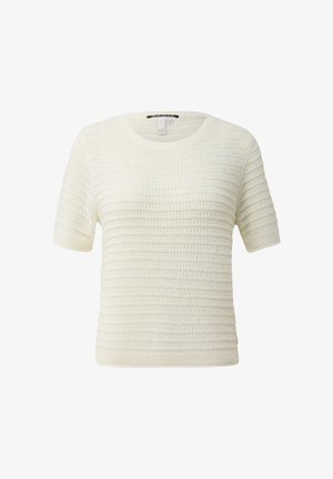 Witte gebreide trui met korte mouwen met horizontale, gestructureerde strepen en een ronde halslijn.