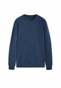 Pull en tricot bleu foncé avec un col rond, des manches longues et un motif texturé. Fabriqué en tissu doux avec des poignets et un ourlet côtelés.