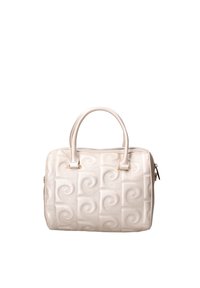 Sac à main matelassé blanc avec motif en spirale, double poignée supérieure et quincaillerie dorée. La finition texturée offre une apparence raffinée.