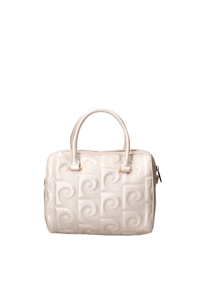 Sac à main matelassé blanc avec motif en spirale, double poignée supérieure et quincaillerie dorée. La finition texturée offre une apparence raffinée.