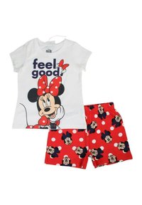 Ensemble de pyjamas à thème Disney comprenant un t-shirt blanc avec un motif Minnie Mouse et un short rouge à pois avec des têtes de Minnie Mouse.