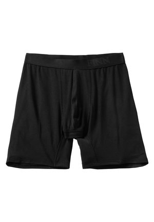 Black cotton boxer shorts featuring a soft waistband with "FINN" embossed, a front opening, and a snug-fit design.
