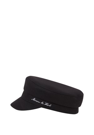 Black wool cap with a flat crown and short visor, featuring white embroidered logo on the side. Smooth texture, structured shape.