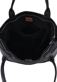 Schwarze Lederhandtasche mit zwei Griffen, offenem Reißverschluss oben und Innenraum mit einem Reißverschlussfach sowie Einschubfächern zur Organisation.