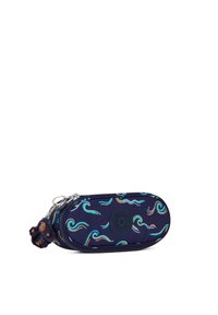 Astuccio blu navy con motivi colorati e ondulati, realizzato in tessuto resistente, con chiusura a zip e un ciondolo a forma di scimmia.