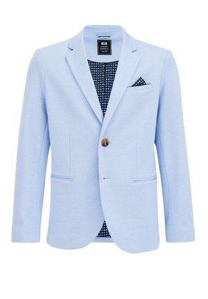 Helles blaues Blazer mit Revers, einem einzelnen braunen Knopf, zwei Fronttaschen und einem gemusterten schwarz-weißen Innenfutter.