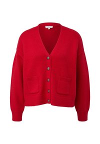 Roter gestrickter Cardigan mit tiefem V-Ausschnitt, fünfknöpfigem Verschluss und zwei vorderen Taschen. Weicher Stoff, lockere Passform, gerippte Bündchen und Saum.