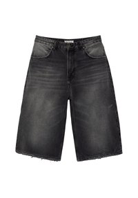 Shorts en denim noir à coupe ample, avec un effet délavé, cinq poches et des ourlets effilochés. Fermeture classique par boutons et fermeture éclair.