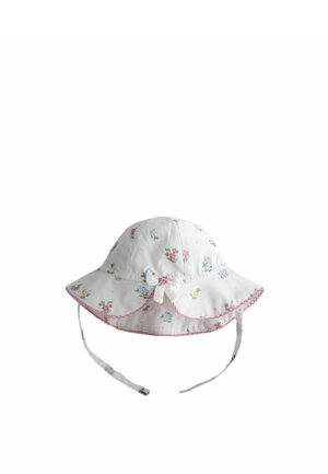 Chapeau de soleil blanc pour bébé avec petites fleurs roses, bleues et jaunes, bordure rose, nœud sur le côté et brides sous le menton pour un maintien sécurisé.