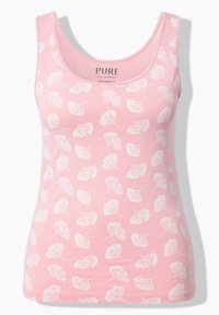 Débardeur en coton rose avec des motifs de feuilles blanches, présentant un décolleté rond et des bretelles fines. Texture douce et design ajusté.