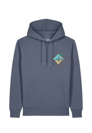 Sweat à capuche bleu avec poche avant et petit écusson coloré représentant une scène de plage sur la poitrine gauche avec des palmiers, du sable et des vagues de l'océan.