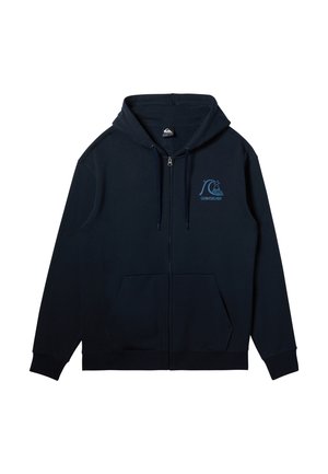 Navy Zip-Hoodie aus weichem Material, ausgestattet mit einer Kängurutasche, Zugbändern und einem in Hellblau auf der Brust gedruckten Logo.