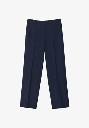 Navy blue tailored trousers with a straight leg, featuring front pleats and side pockets. Fabric appears smooth and structured.