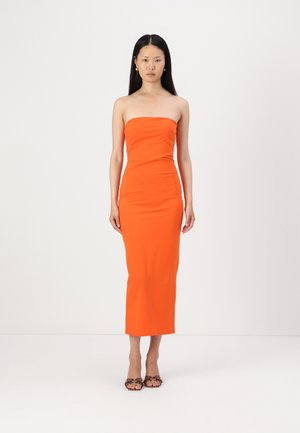 Orange strapless midi dress made of stretchy fabric, featuring a fitted silhouette and smooth texture, with a knee-length hem.