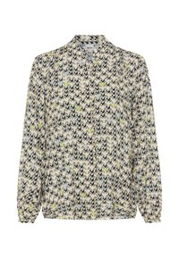 Blouse met lange mouwen van lichtgewicht stof met een golfpatroon in crème-, bruin-, blauw- en groentinten, voorzien van een kraag en knoopsluiting.