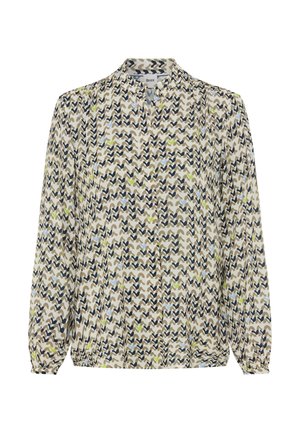 Blouse met lange mouwen van lichtgewicht stof met een golfpatroon in crème-, bruin-, blauw- en groentinten, voorzien van een kraag en knoopsluiting.